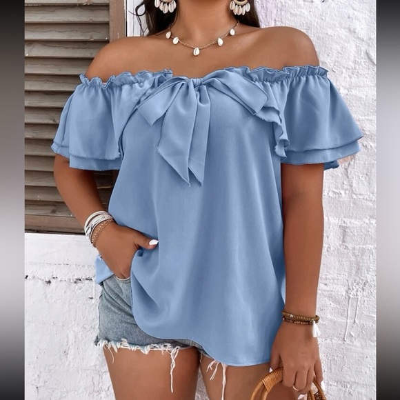 Plus black off shoulder knot front blouse - Picture 5 of 15